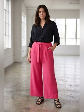 Caracilia High-Rise Wide-Leg Tie-Waist Pants in Bright Pink NWT